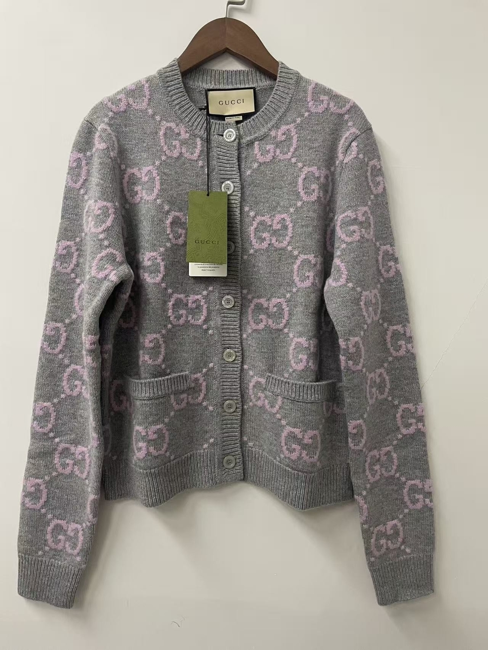 Gucci Gray and Pink GG Logo Wool Cardigan